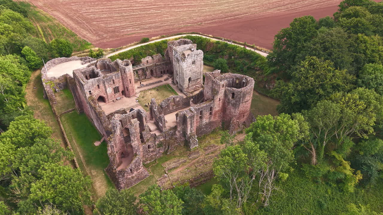 High angle drone view showing medieval castle ruins, forest, and surrounding fields