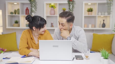 married couple looking at laptop making positive gesture.