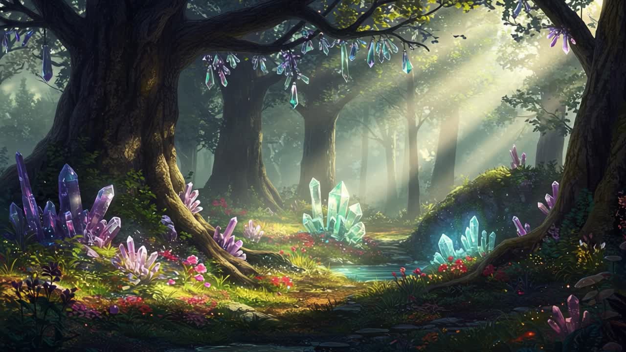 Enchanting Crystal Forest: A Magical Realm Illuminated by Sunlight Filtering Through Trees, Sparkling Gems Lining the Pathway, Creating a Dreamlike Atmosphere of Tranquility and Beauty