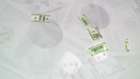animation of american dollar bills, dice and financial data processing
