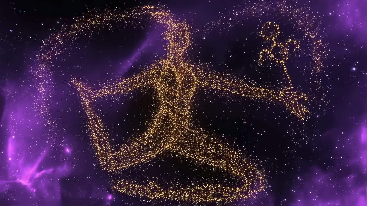 Golden particles forming dancing Shiva Nataraja silhouette, swirling through vibrant purple nebula background, symbolizing cosmic energy and spiritual balance of universal dance