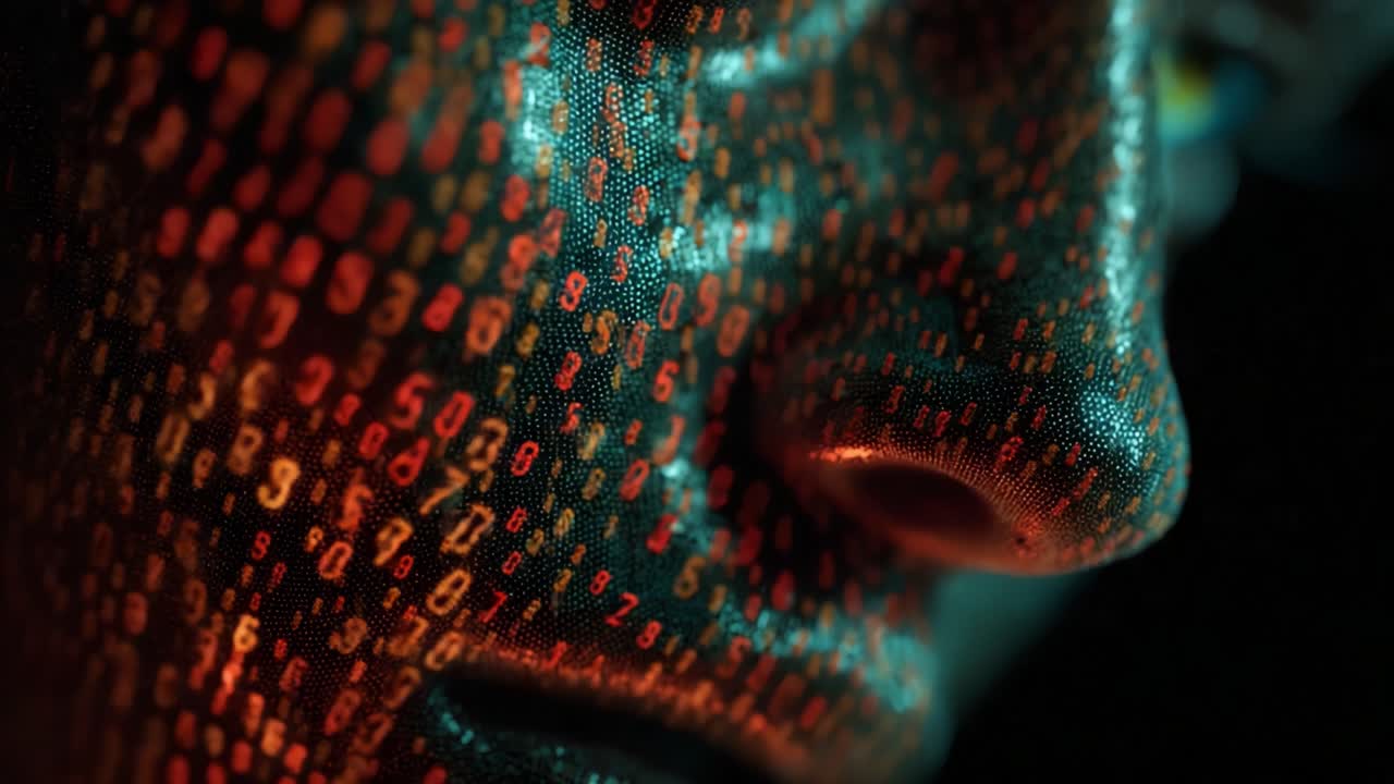 A Close-up Exploration of a Face Merged with Glowing Binary Code, Expressing the Intersection of Humanity and Digital Technology in a Captivating Visual Representation