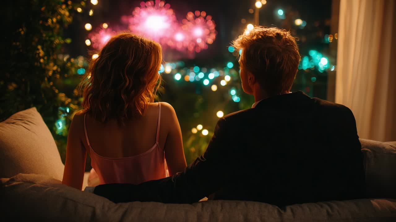 A Romantic Evening Watching Spectacular Fireworks: A Couple Enjoys a Dazzling Display of Colorful Lights While Sitting Together in a Cozy Setting, Sharing a Moment of Connection and Joy