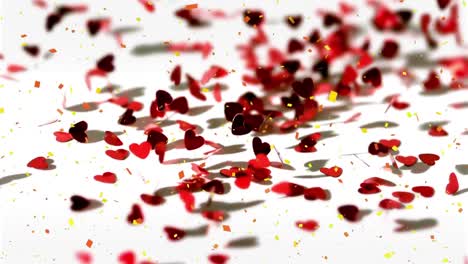 animation of confetti falling and red hearts on white background