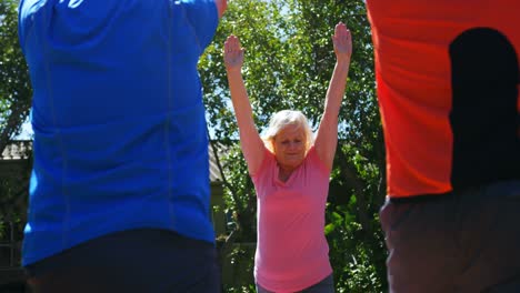 active mixed-race senior people performing yoga in the garden of nursing home 4k