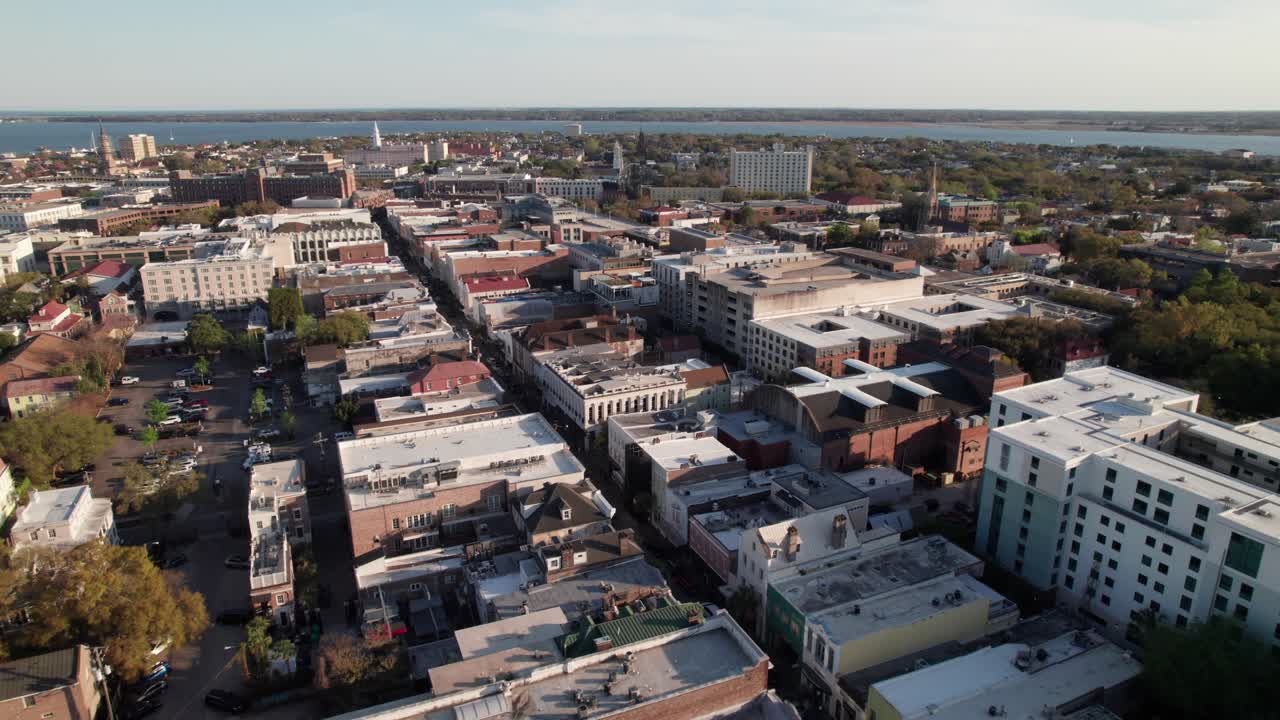 Drone view of King Street in historic downtown Charleston, South Carolina, 4K