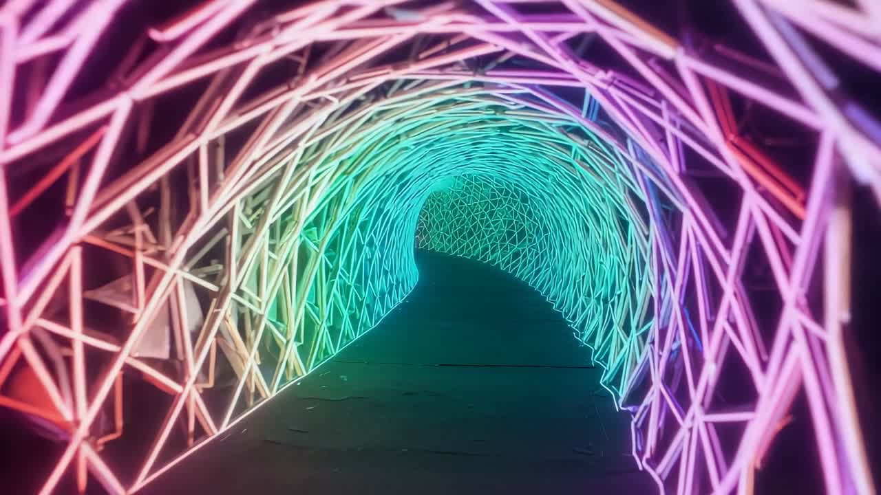 Advancing camera exploring lattice tunnel in exhibition, showing LED bars cycling magenta to teal