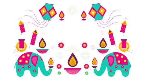 animación gráfica que celebra el festival de las luces diwali con símbolos tradicionales y texto feliz diwali