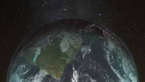 animation of enjoy text over globe with blue lines and sky with stars