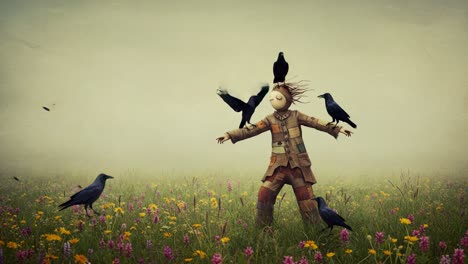 A whimsical figure in a field embraces harmony with nature as crows and colorful flowers interact in an enchanting display of whimsy and vitality in a dreamlike landscape