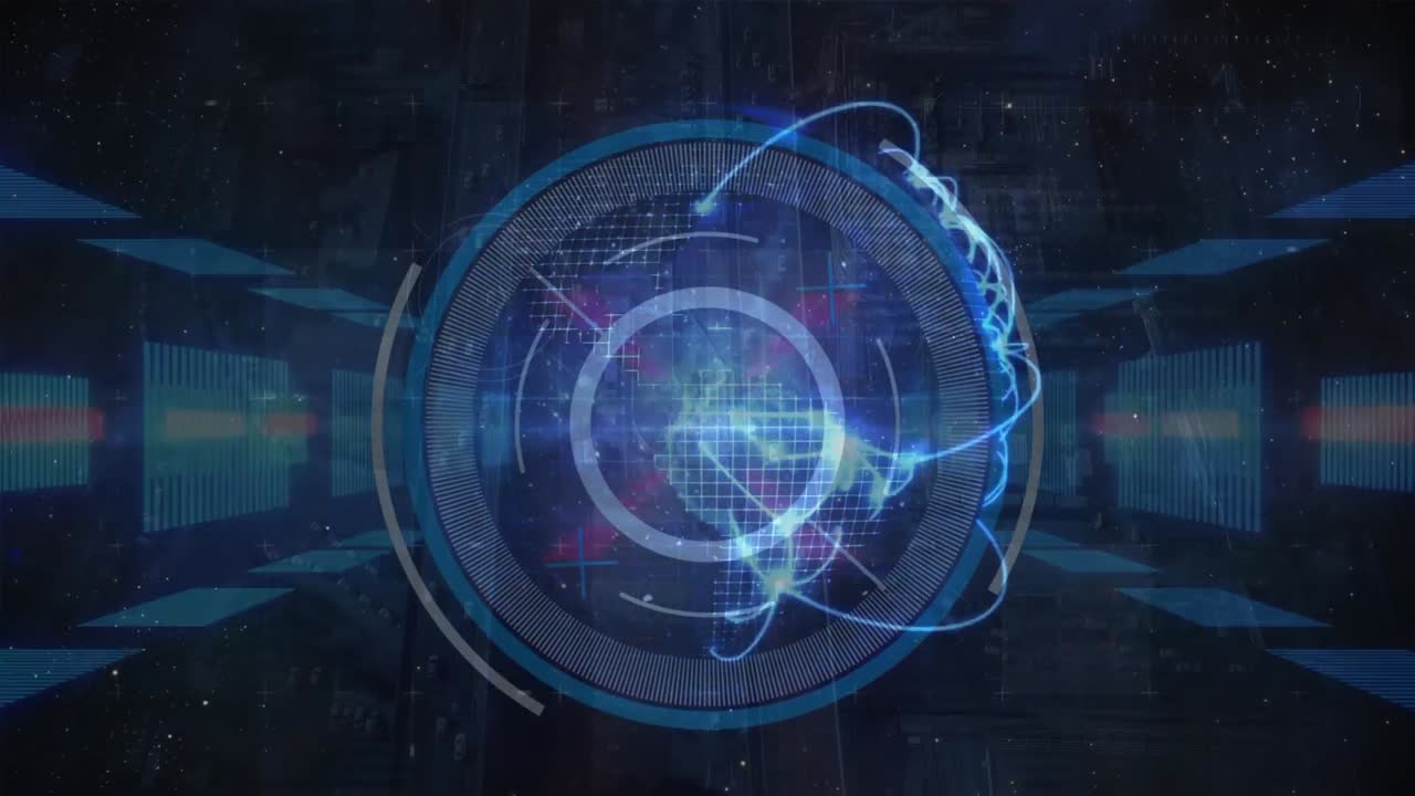 어두운 디지털 공간에서 지구와 움직이는 화면의 애니메이션