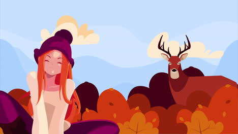woman enjoying autumn scenery with a deer