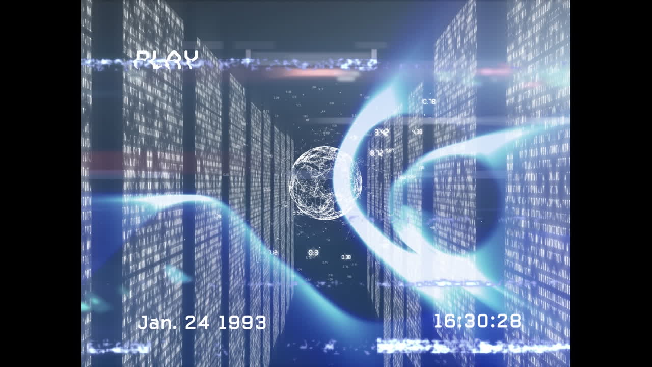 Animation of blue trails and globe over server room