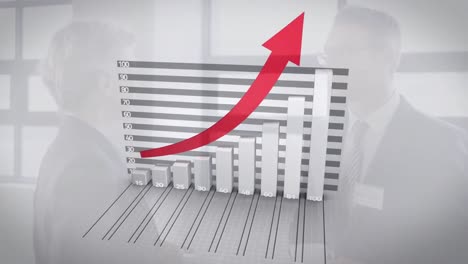 animación del procesamiento de datos financieros con flecha roja sobre diversas personas de negocios en la oficina