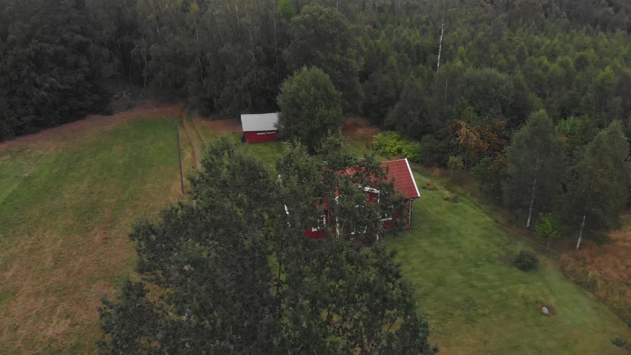 volando sobre una cabaña de madera sueca en medio de la naturaleza, aérea