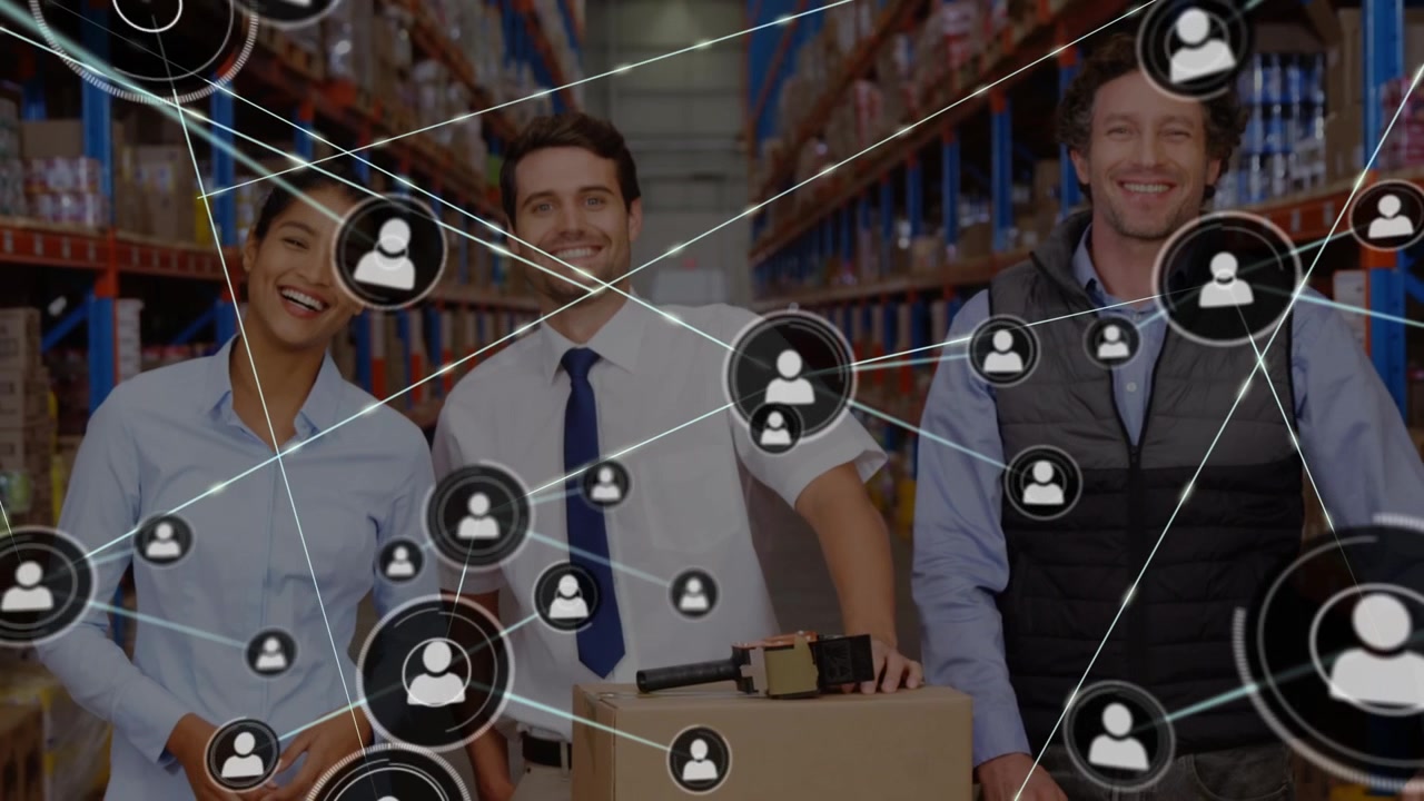 Animazione di una rete di connessioni su diverse persone in magazzino.