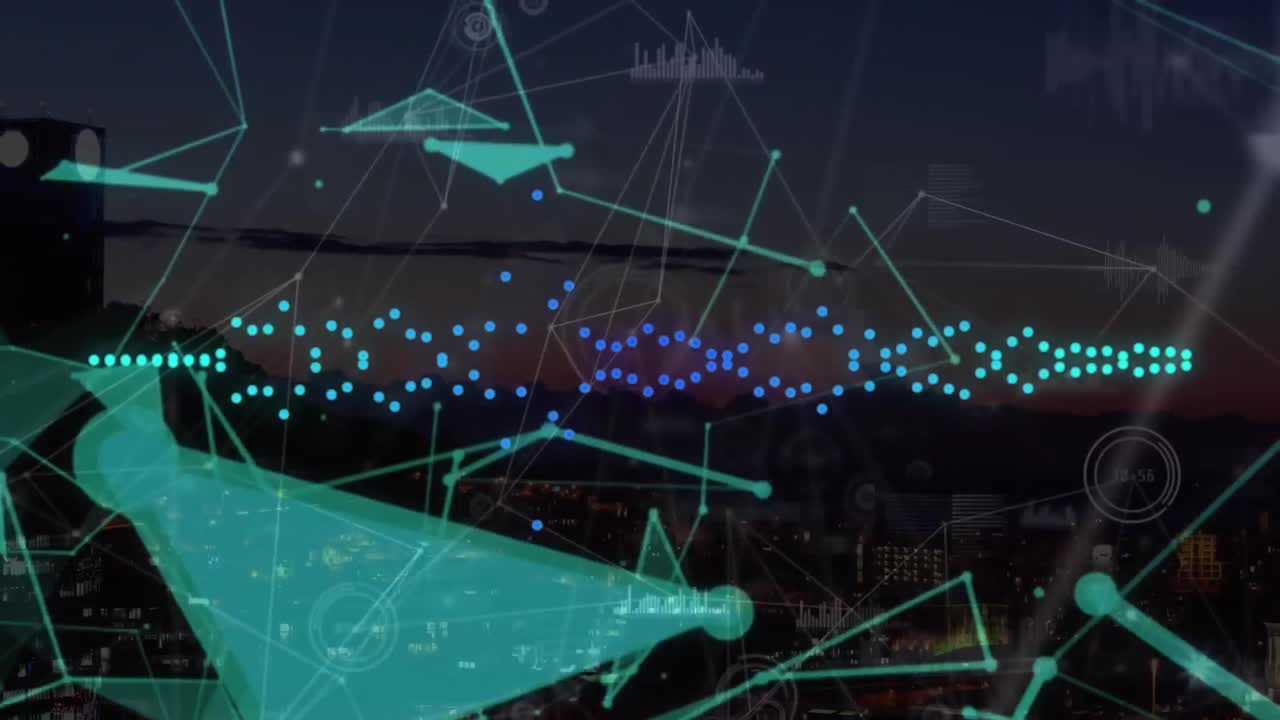 도시 풍경에 대한 연결 네트워크로 데이터 처리의 애니메이션