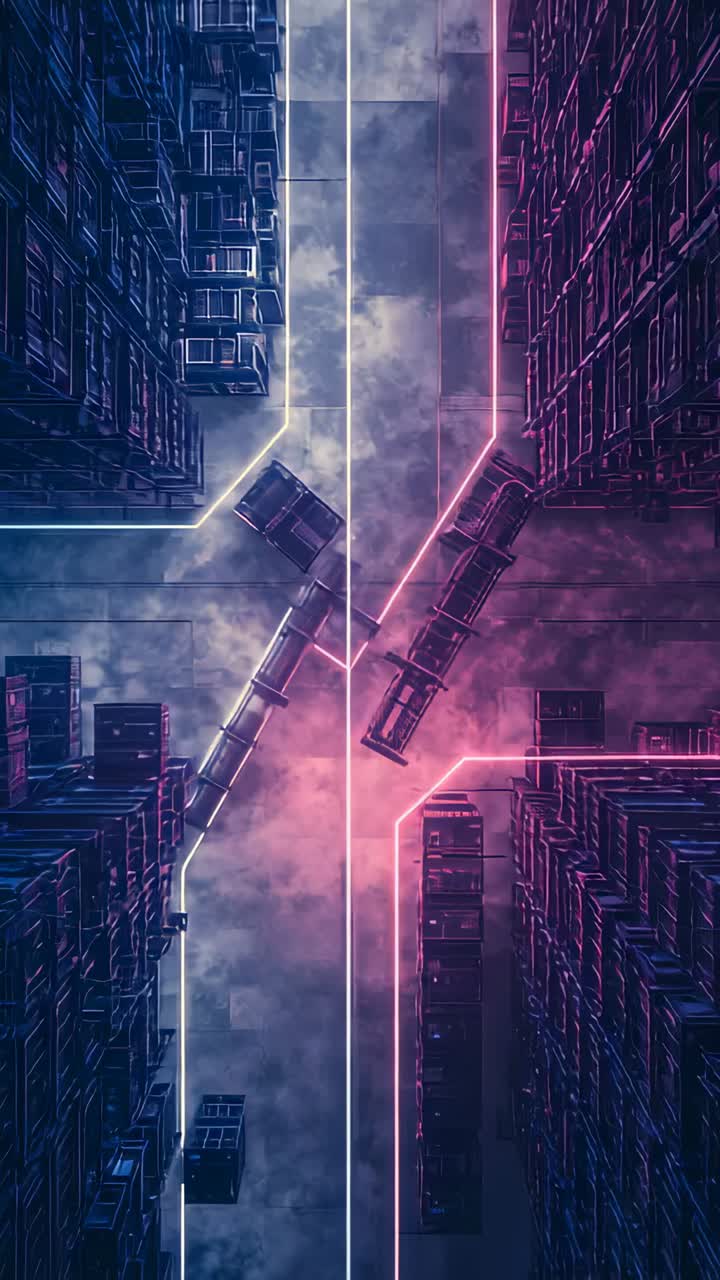 Vertical video: Glowing central strip and diagonal modules sliding in neon canyon, tracks engaging