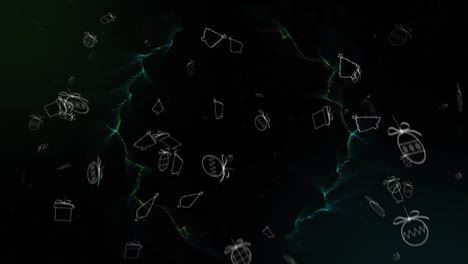 digital animation of multiple christmas icons falling over green digital waves on black background
