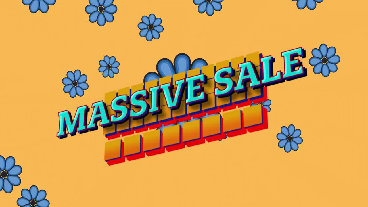 배경에 배너와 꽃 위에 대규모 판매 텍스트의 애니메이션