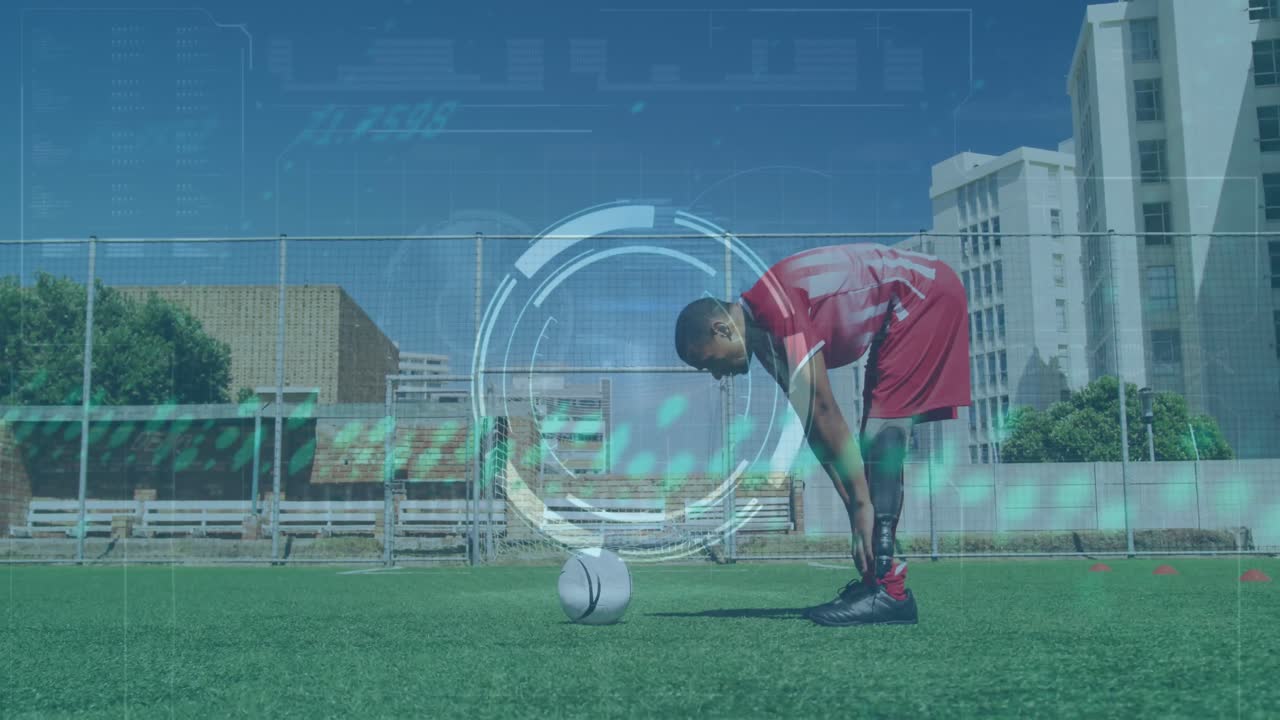 스타디움에서 럭비 선수들에 대한 데이터 처리 애니메이션