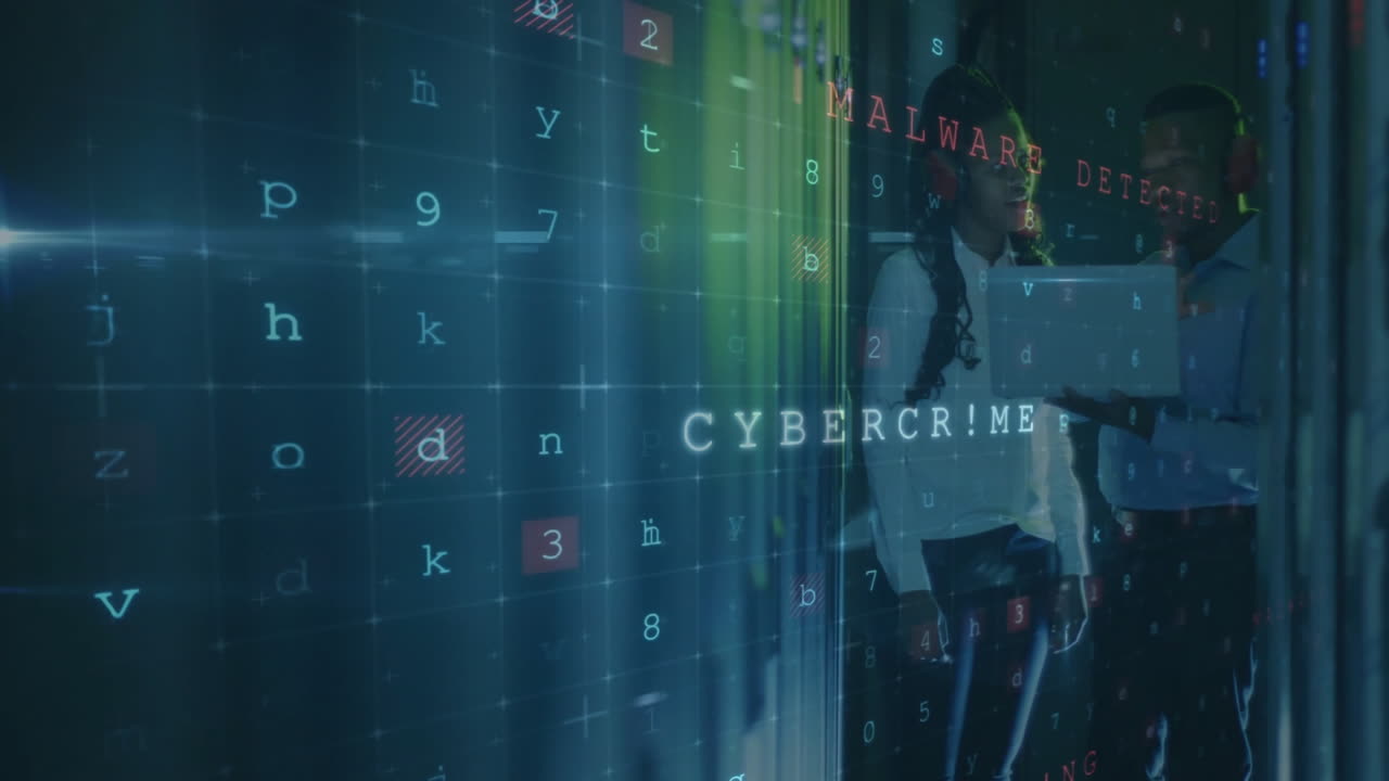 Cybersecurity threat detection animation over people in office hallway