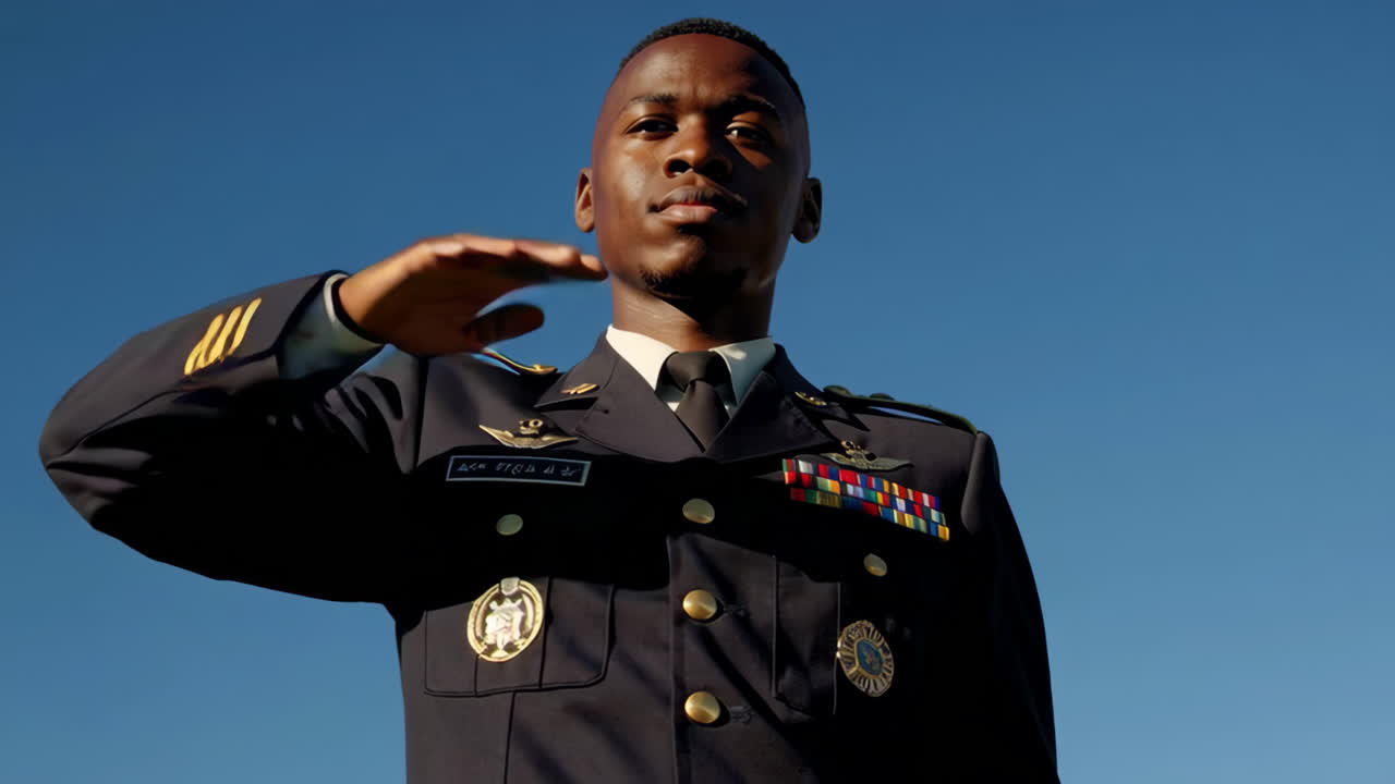 A man in a military uniform salutes against a clear blue sky