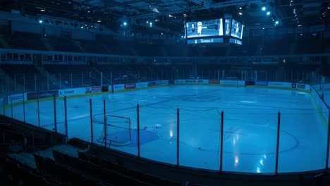 an intimate glimpse of an ice hockey arena: capturing the stillness and anticipation before the action begins in the blue-hued rink lighting