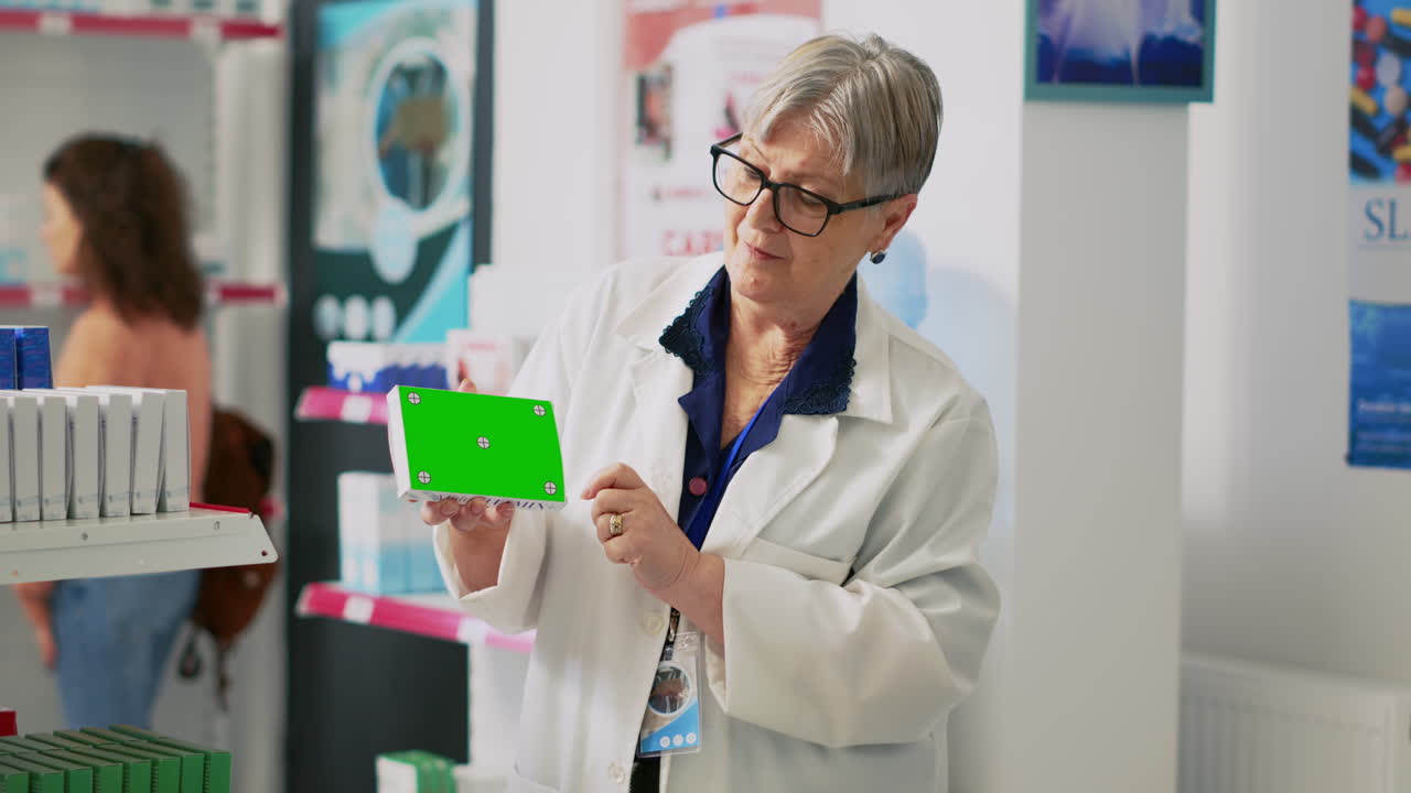 Pharmacist in a pharmacy holding a medication box with green screen