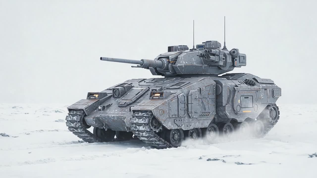 A Robust Military Tank Maneuvers Through a Snowy Landscape, Showcasing Its Heavy Armor and Advanced Technology Amidst a Harsh Winter Environment