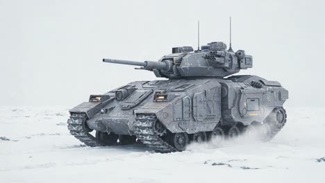 a robust military tank maneuvers through a snowy landscape, showcasing its heavy armor and advanced technology amidst a harsh winter environment