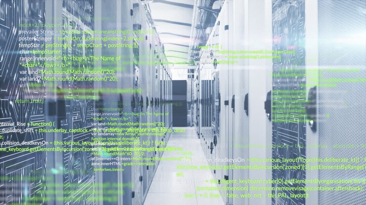Animation of programming languages and illuminated abstract lines moving on data server systems