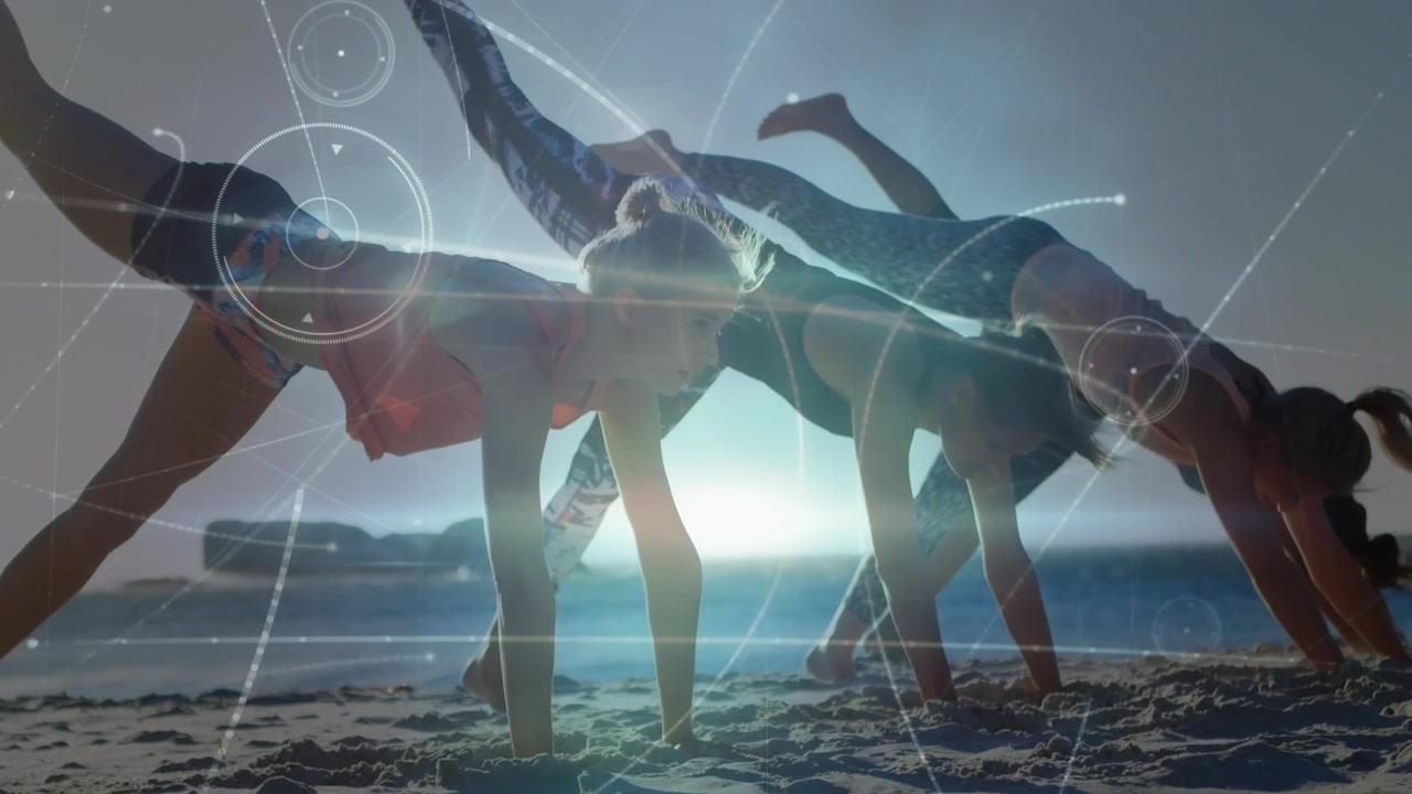Animasjon av forbindelser over forskjellige kvinner som praktiserer yoga på stranden ved solnedgang