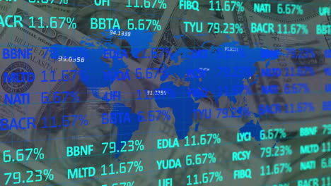 Stock-market-data-processing-and-world-map-against-American-dollar-bills-rotating