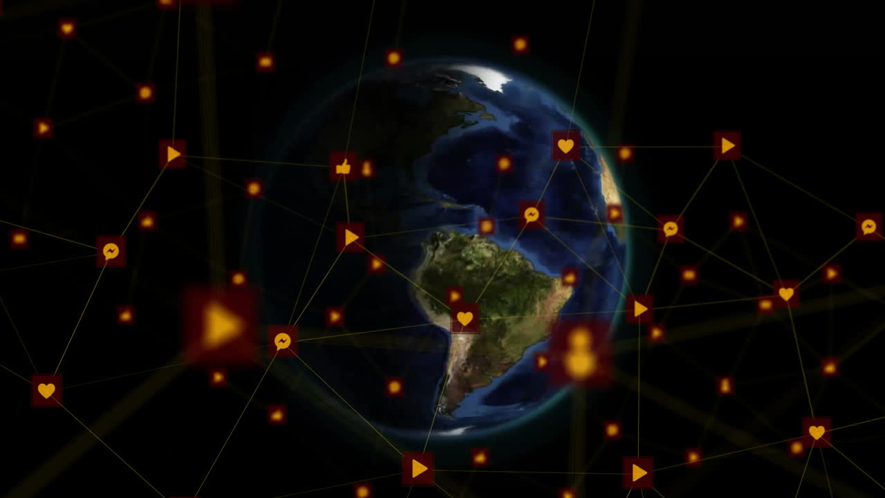 animación de la red de conexiones con iconos en todo el mundo sobre fondo negro