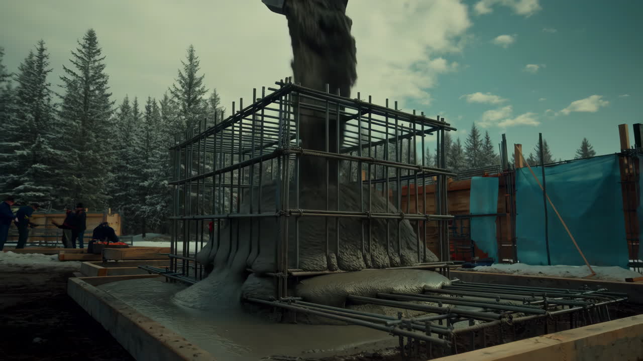 Concrete pouring for a building foundation at a snowy construction site
