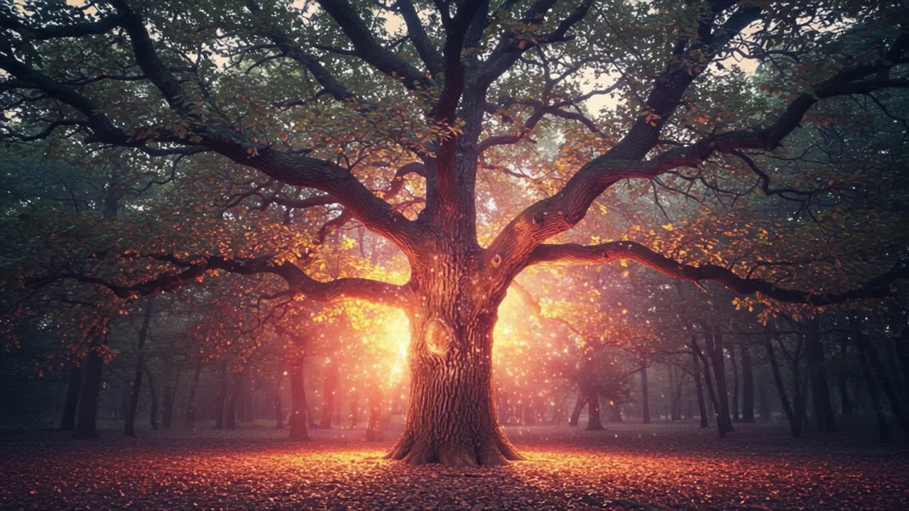 A Majestic Ancient Tree Illuminated by an Enchanting Glow in a Mystical Forest, Captured From First to Last Frame, Embracing Nature's Beauty and Tranquility
