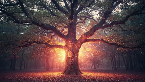 a majestic ancient tree illuminated by an enchanting glow in a mystical forest, captured from first to last frame, embracing nature's beauty and tranquility