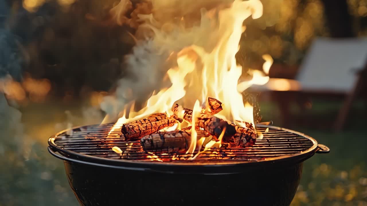 A black grill with a fire burning in it. The fire is orange and yellow. The grill is in a grassy area