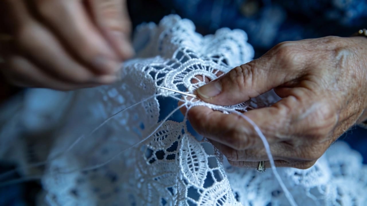 Pulling thread through hole, gold-ringed hands guiding hook, repairing lace at home, blue blouse