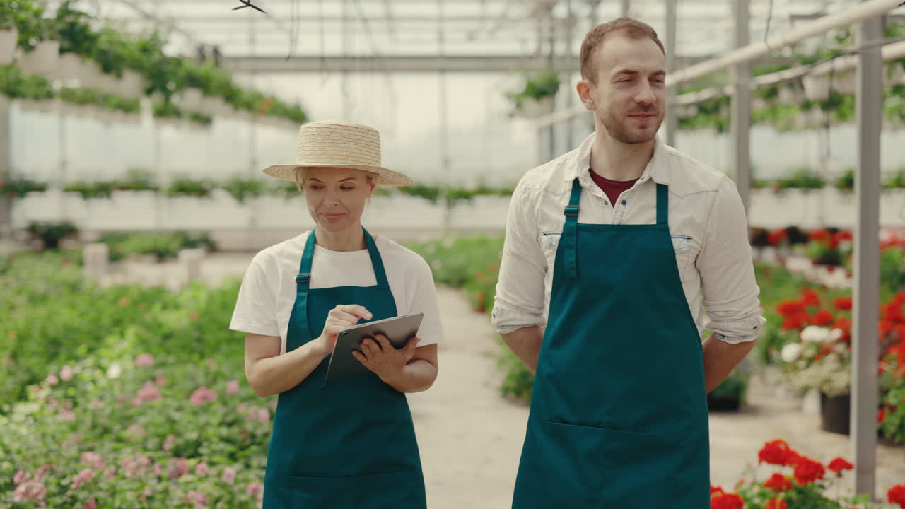 Gardeners Collaborating with Tablet in Greenhouse