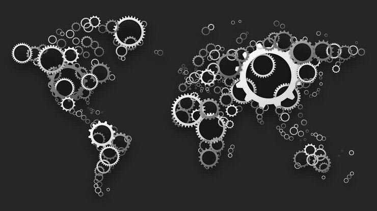 Metal gears cogwheels making global world map. Economic, social or political cooperation. Global teamwork motion background.