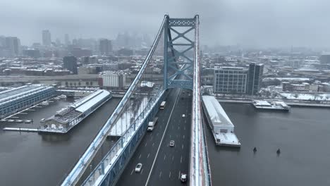 aerial shot of a suspension bridge on a snowy day