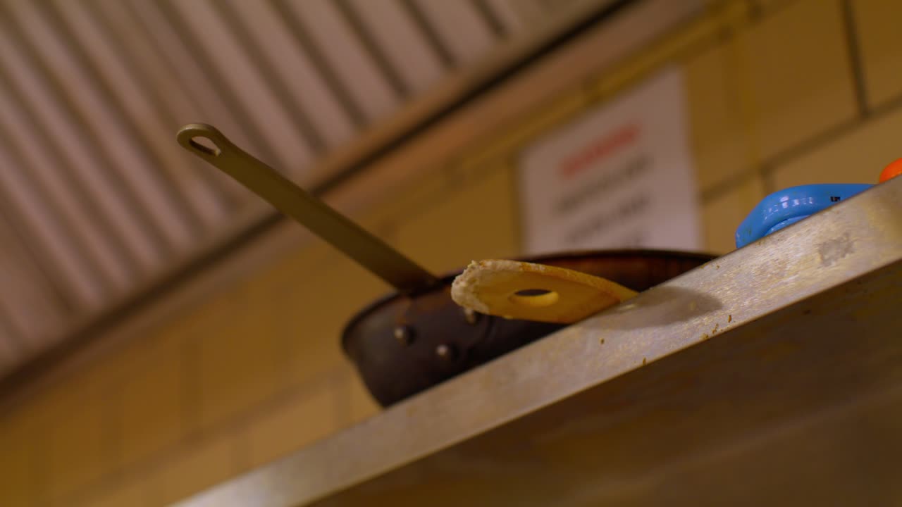 Fry pan on a shelf with stable video shot.