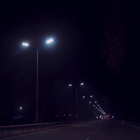 driving by car at night between illuminated lanterns aruond. highway at night