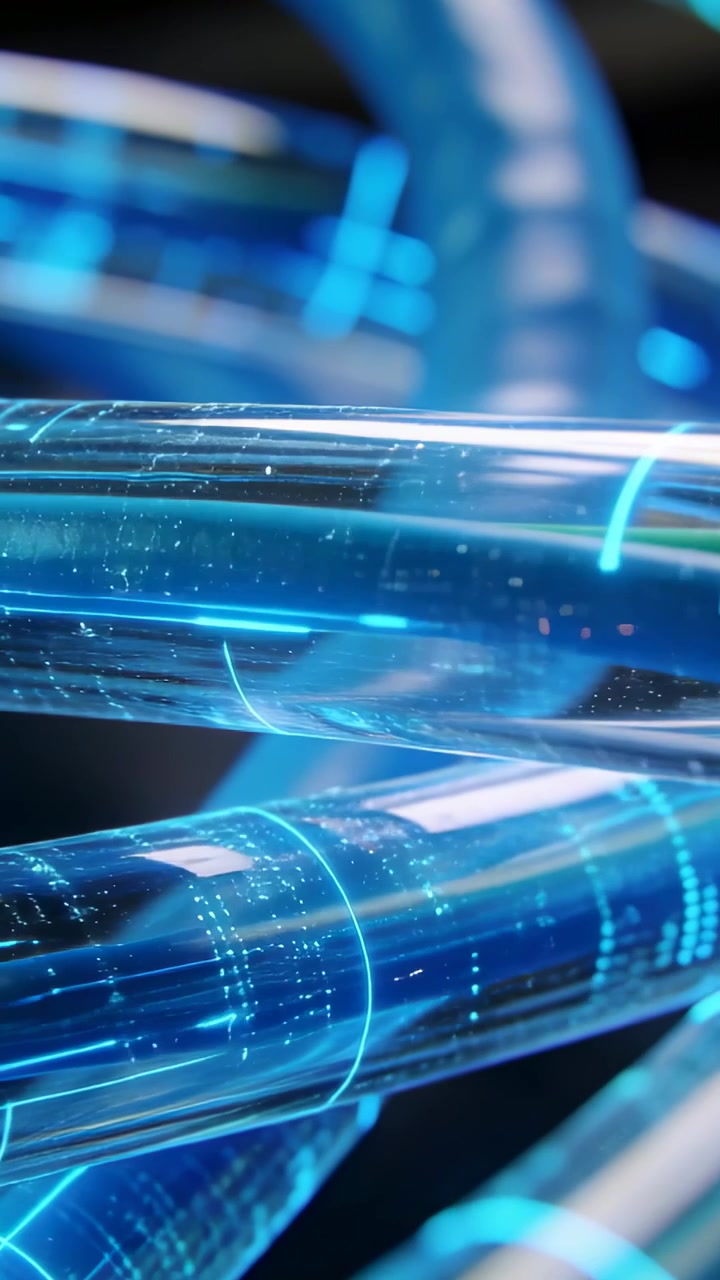 Video verticale: Telecamera in movimento che mostra tubi trasparenti, bande UI ciano, puntini che suggeriscono dati in studio
