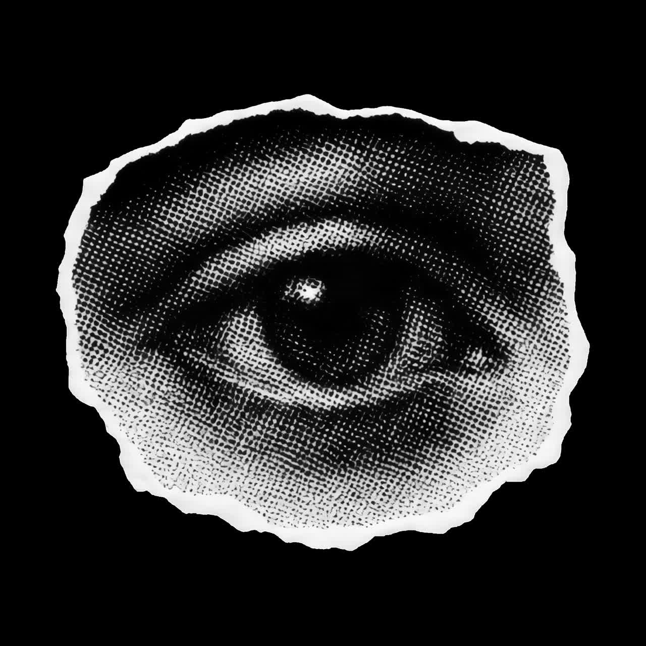 Vintage eye illustration torn animation isolated asset, transparent 4K video, alpha channel, ProRes