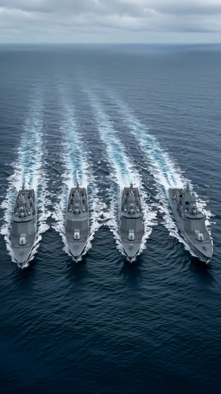 Mehrere Boote fahren nebeneinander über eine ruhige Meeresoberfläche und erzeugen parallele Schaumspuren, während Horizont und bedeckter Himmel in einer weiten Luftaufnahme mit kühlen Blautönen sichtbar bleiben
