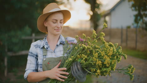 smiling woman gardener holding a bouquet of flowers