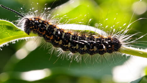 close-up of a fuzzy caterpillar on a leaf